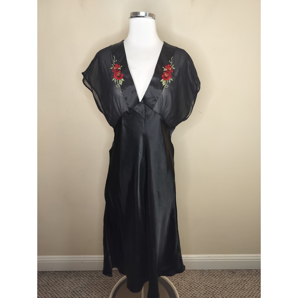 Delicates Floral Embroidered Nightgown Sheer Black Satin V Neck